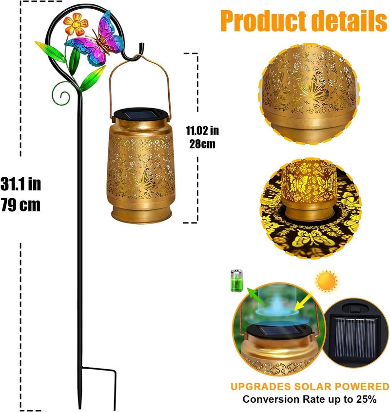 EDOF 2 Pack Butterfly Solar Lanterns Outdoor Waterproof Hanging,Metal Solar Garden Lanterns for Yard Patio Pathway Lawn Front Porch,Birthday Gifts for Mom Woman Grandma - Image 4